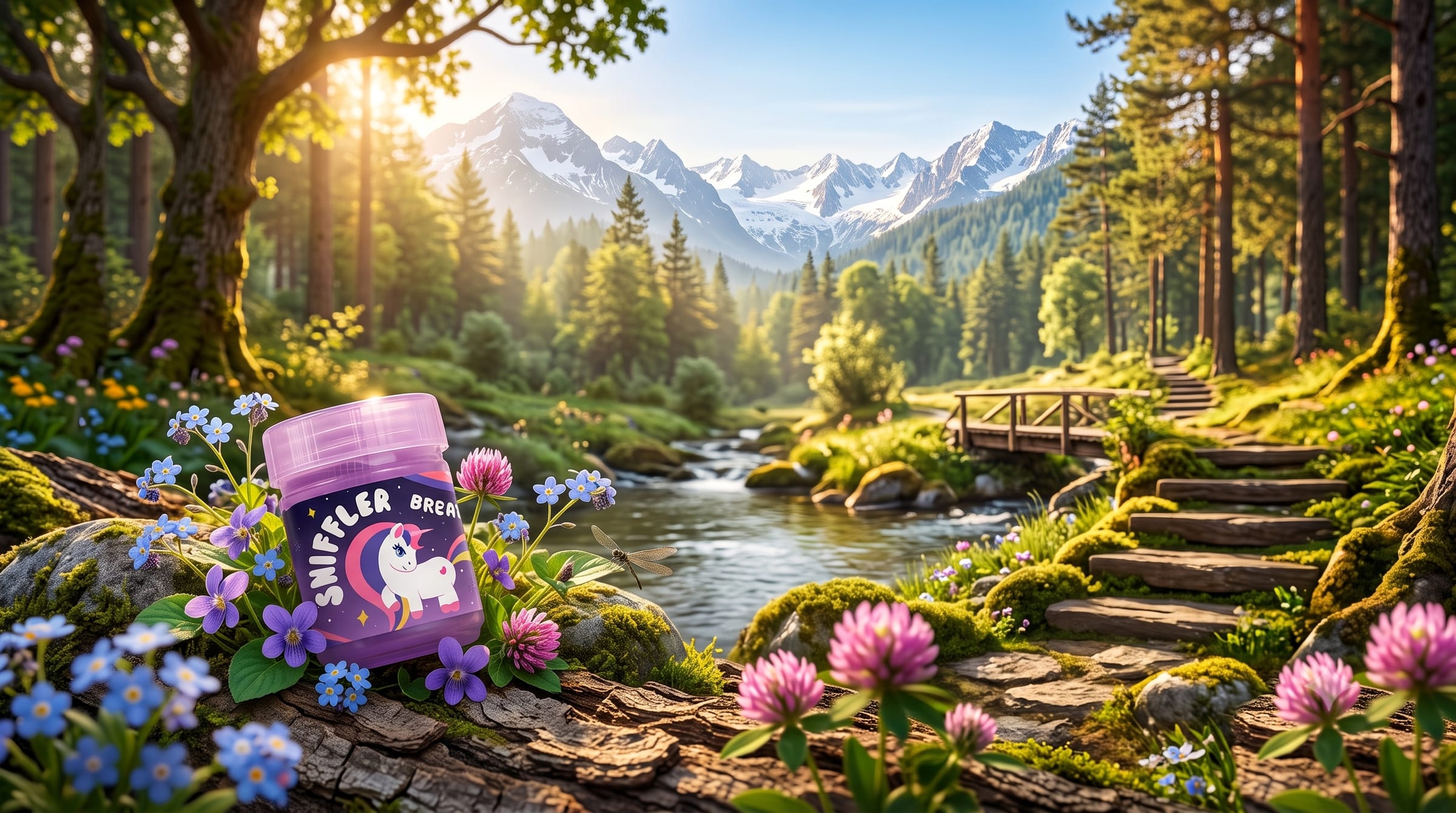 Sniffler in nature — mountain valley, forest stream, wildflowers
